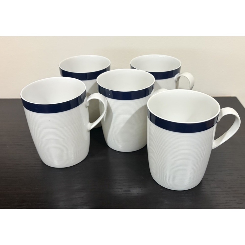 Crate & Barrel Coffee Mugs Set of 4 White Blue Cobalt Rim Bistro Cup Tea Ribbed
